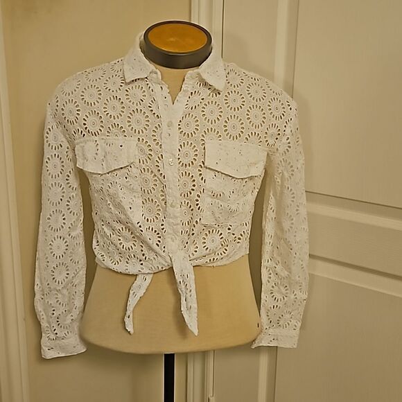 Guess Women's Embroidery Eyelet Button Front Crop Tie Front Shirt Small White - Picture 5 of 16